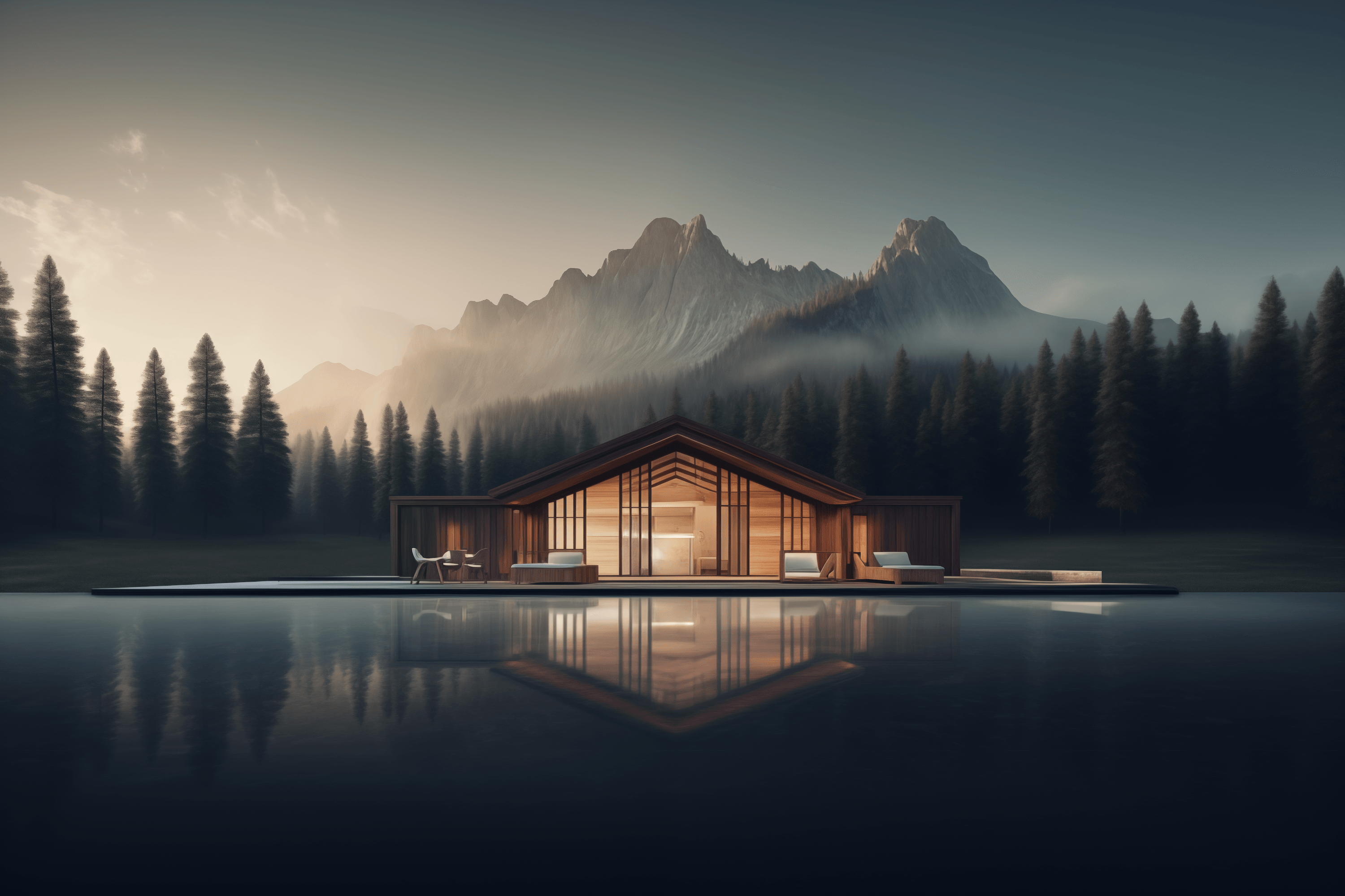 Mountains and forest with two cabins